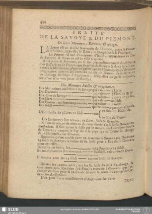 Traité De La Savoye & Du Piemont. De leurs Monnoyes, Ecritures & changes