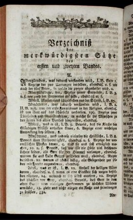 Verzeichniß der merkwürdigsten Sätze des ersten und zweyten Bandes.