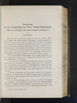 Bemerkung zu der Abhandlung des Herrn Wedell-Wedellsborg: "Ueber die Gültigkeit der Maxwellschen Gleichungen"