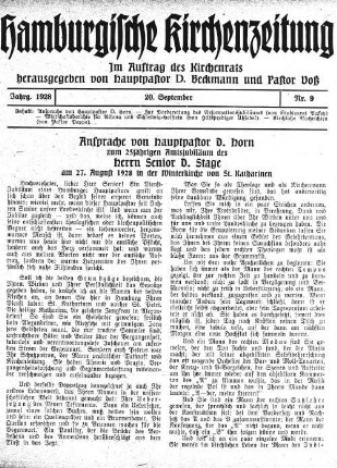 Ansprache von Hauptpastor D.Horn zum 25jährigen Amtsjubiläum des Herrn Senior D. Stage : am 27. August 1928 in der Winterkirche von St. Katharinen