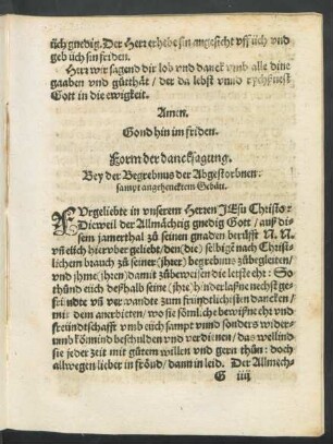 Form der dancksagung. Bey der Begrebnus der Abgestorbnen: sampt angehencktem Gebätt