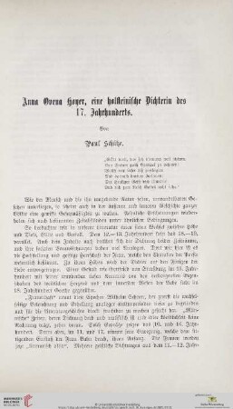Anna Ovena Hoyer, eine holsteinische Dichterin des 17. Jahrhunderts