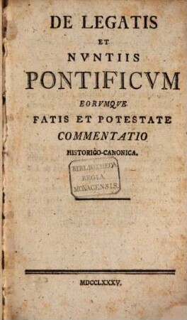 Commentatio Canoncia de Legatis et Nuntiis Pontificum