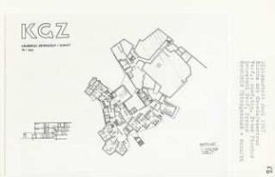 Kirche mit Gemeindezentrum, Berlin-Gesundbrunnen (Diplomarbeit bei Willy Kreuer): Grundriss Untergeschoss und Schnitt 1:200