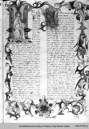 Francesco da Buti: Kommentar zum Dritten Gesang Dantes : Buchseite mit Bordüre und historisierte Initiale I, darin Gottvater