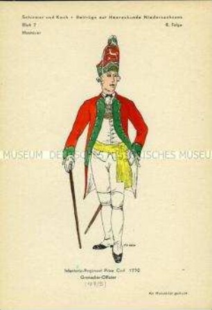 Uniformdarstellung, Grenadier-Offizier der Infanterie, Kurfürstentum Hannover, 1770.