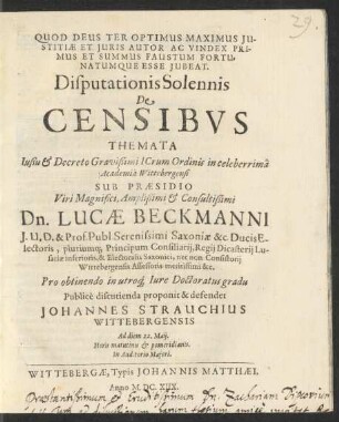 Disputationis Solennis De Censibus Themata