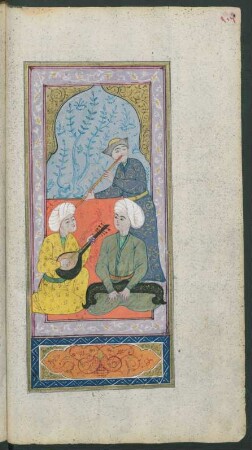Illustration: Flöten- und Lautenspieler in einem Pavillon