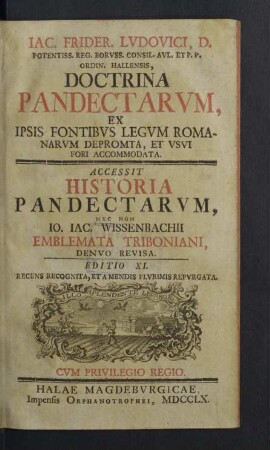 Iac. Frider. Lvdovici, D. Potentiss. Reg. Borvss. Consil. Aul. Et P.P. Ordin. Hallensis, Doctrina Pandectarvm : Ex Ipsis Fontibus Legum Romanarum Depromta, Et Usui Fori Accommodata