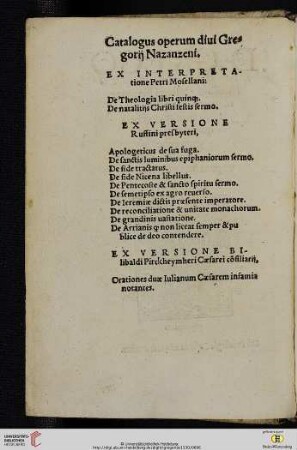 Catalogus operum diui Gregorii Nazanenzeni