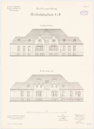 Garnison des Infanterie-Kasernements, Mannheim Wirtschaftsgebäude I und II: Aufriss Straßenansicht, Hofansicht 1:100
