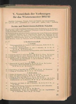 V. Verzeichnis der Vorlesungen für das Wintersemester 1942/43