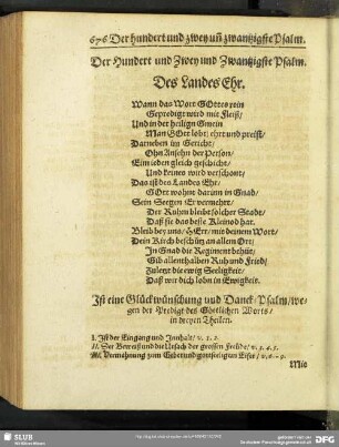 Der Hundert und Zwey und zwantzigste Psalm. Des Landes Ehr