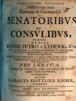 Dissertatione inaug. differentias iuris Romani et Germanici de senatoribus et consulibus