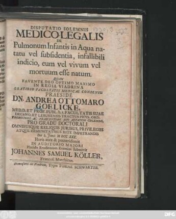 Disputatio Solemnis Medico-Legalis De Pulmonum Infantis in Aqua natatu vel subsidentia, infallibili indicio, eum vel vivum vel mortuum esse natum