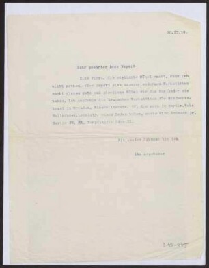 Schreiben an Herrn Meyer, (Regierungs- und Gewerbeschulrat), Potsdam (Brief)