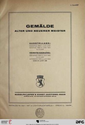 Nr. 1921: Katalog / Rudolph Lepke's Kunst-Auctions-Haus, Berlin: Gemälde alter und neuerer Meister : Versteigerung: 3., 4. Juni 1924
