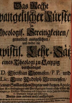 Das Recht Evangelischer Fürsten In Theologischen Streitigkeiten