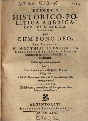 Exegesis Historico-Politica Rubricarum Sex Miscellanearum