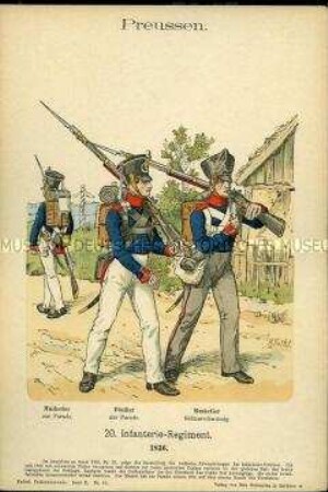 Uniformdarstellung, Musketiere und Füsilier des Infanterie-Regiments Nr. 20, Königreich Preußen, 1836.