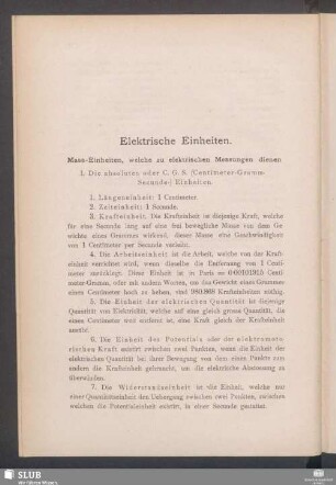Elektrische Einheiten. Mass-Einheiten, welche zu elektrischen Messungen dienen