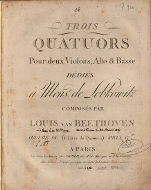 Trois quatuors pour deux violons, alto & basse : oeuvre 18 ; (1r livre de quatuors)