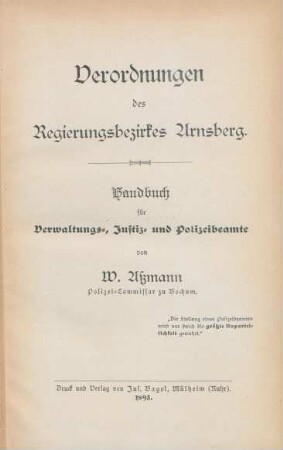 [Hauptbd.]: Verordnungen des Regierungsbezirkes Arnsberg