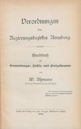 [Hauptbd.]: Verordnungen des Regierungsbezirkes Arnsberg