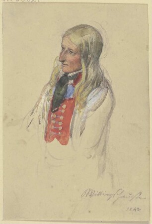Brustbild einer jungen blonden Bäuerin in roter Weste und weißem Rock