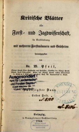 Kritische Blätter für Forst- und Jagdwissenschaft. 20. 1844/45