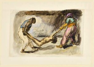 Ali Baba und ein Sklave tragen den Leichnam eines Räubers fort