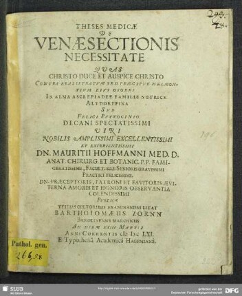 Theses medicae de venae sectionis necessitate