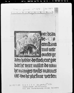 Sächsische Weltchronik (bis zum Jahre 1229) — Verbrennung eines römischen Kaisers, Licinius?, Folio 44verso