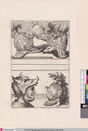 [Ein behelmter Kopf und vier weitere Helme; A helmeted head and four other helmets]