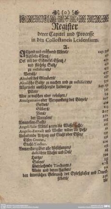 Register derer Capitel und Processe in den Collectaneis Leidensium.