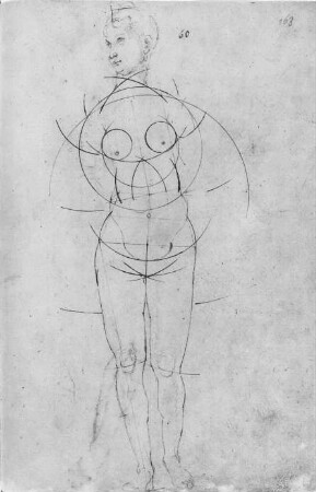 Blatt 163r: Proportionsstudie zu einer weiblichen Figur : Skizzenbuch von Albrecht Dürer. Blatt 163r: Proportionsstudie zu einer weiblichen Figur im Profil. Papier, Feder, Tusche; 29,4 x 20,5 cm (Blattgröße). Bezeichnet 1509. Dresden: SLUB Mscr.Dresd.R.147.f