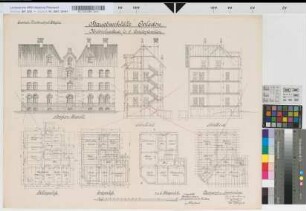 Hauptwerkstätte Opladen. Mietwohngebäude für 6 Arbeiterfamilien: Grundrisse, Straßenansicht, Schnitte, Sparrenlage [2 Exemplare], M. 1:100