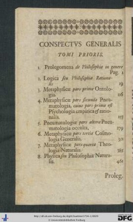 Conspectus Generalis Tomi Prioris.