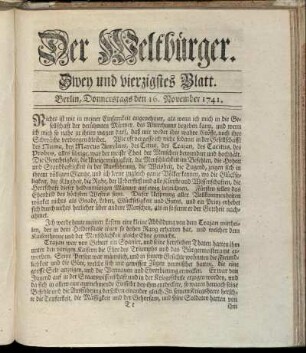Zwey und vierzigstes Blatt. Berlin, Donnerstags den 16. November 1741.