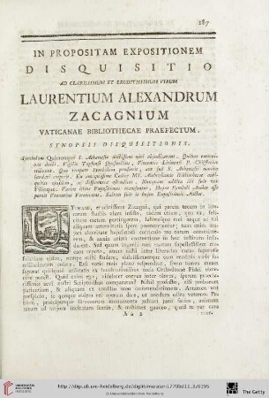 In Propositam Expositionem Desquisitio Ad Clarissimum et Eruditissimum Virum Laurentium Alexandrum Zacagnium Vaticanae Bibliothecae Praefectum