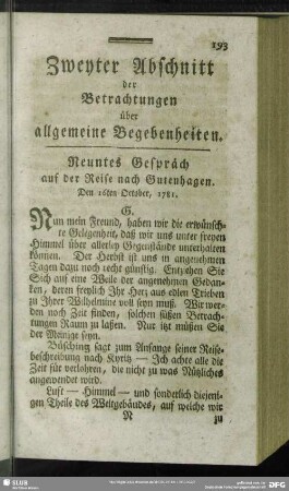 Neuntes Gespräch auf der Reise nach Gutenhagen. Den 16ten October, 1781