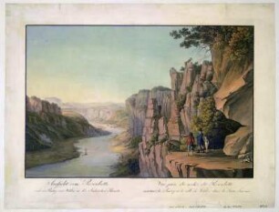 Aussicht vom Rosenbettfels oder Tiedkestein ins Elbtal und nach der Bastei zu , Umrissradierung, um 1810 : Aussicht vom Rosenbette nach der Bastey und Wehlen in der Sächsischen Schweitz = Vue prise du rocher dit Rosenbette montrant la Bastey et la ville de Wehlen dans la Suisse Saxonne / gez. u. gest. v. C. A. Richter. - Dresden : A. Lawrence , [um 1810]. - 1 Kunstbl. : Umrissradierung ; 49 x 33 cm