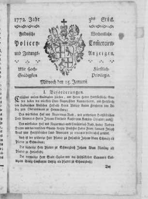 3tes Stück, Ausgabe vom 15. Januarii 1772 (letzte S.fehlt)