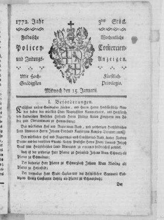 3tes Stück, Ausgabe vom 15. Januarii 1772 (letzte S.fehlt)