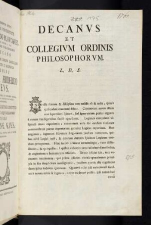 Decanus et Collegium Ordinis Philosophorum L. B. S.