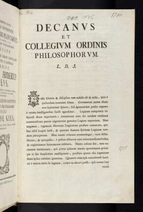 Decanus et Collegium Ordinis Philosophorum L. B. S.