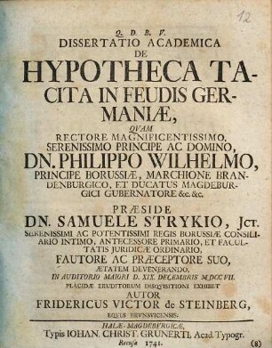 Dissertatio academica de hypotheca tacita in feudis Germaniae