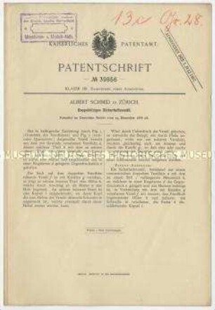 Patentschrift eines doppelsitzigen Sicherheitsventiles, Patent-Nr. 39856