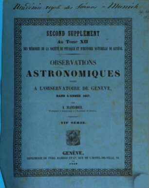 Observations astronomiques faites à l'Observatoire de Genève. 1847 (1849)
