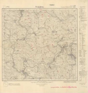 Messtischblatt Nr. 2977 (Neue Nr. 5113) zu Freudenberg mit farbigen Einzeichnungen zu vorgeschichtlichen und mittelalterlichen Eisenhüttenplätze nach Krasa
